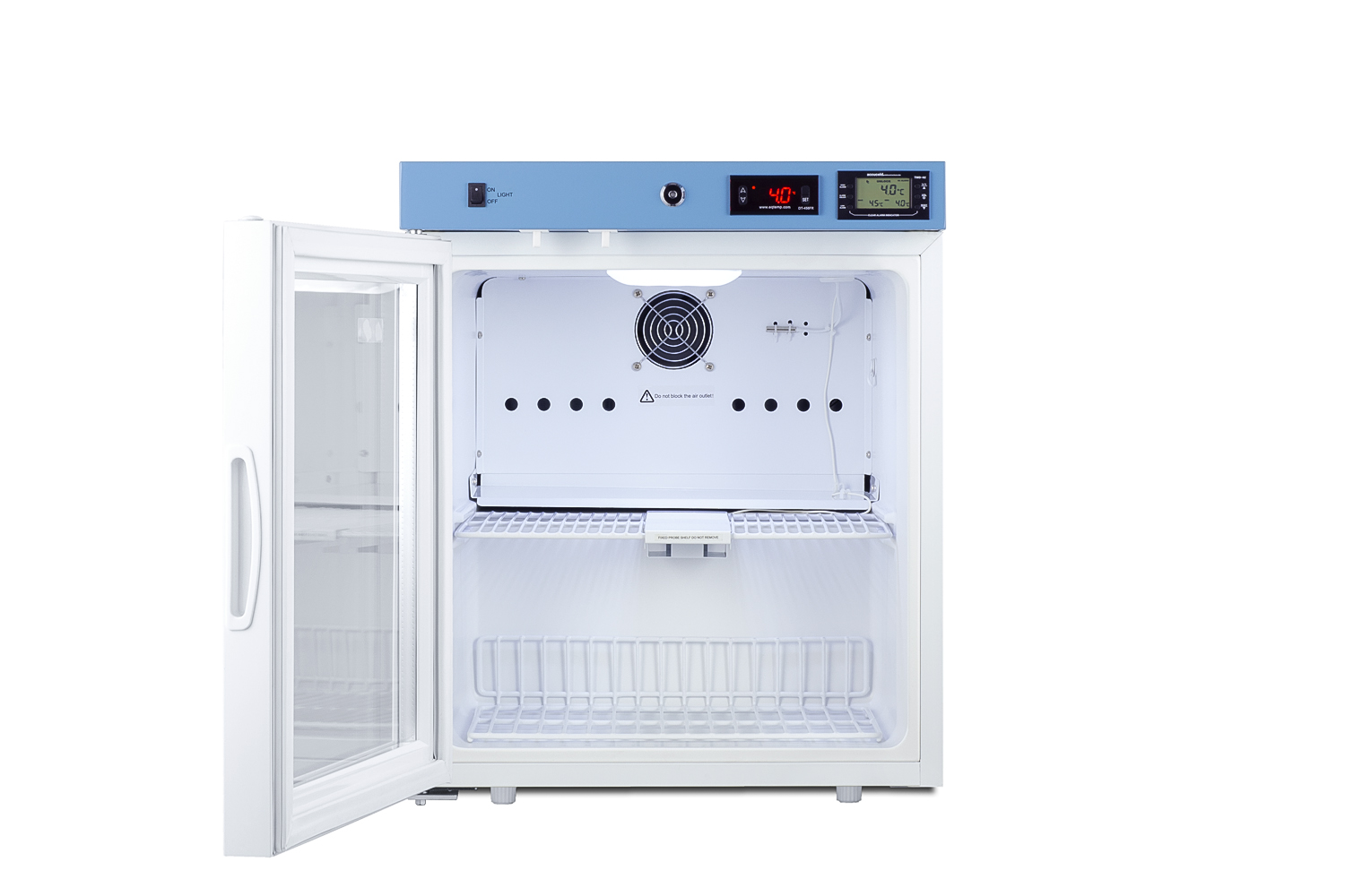 Compact healthcare all-refrigerator with self-closing glass door, front lock, digital controls, and external temperature readout.